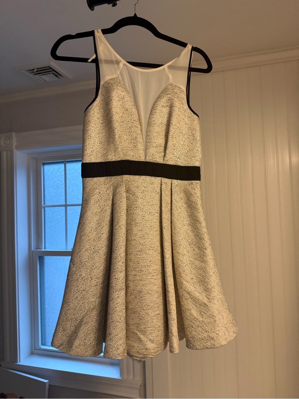 BCBGeneration Ivory Tweed Fit-and-Flare Dress with Black Trim
